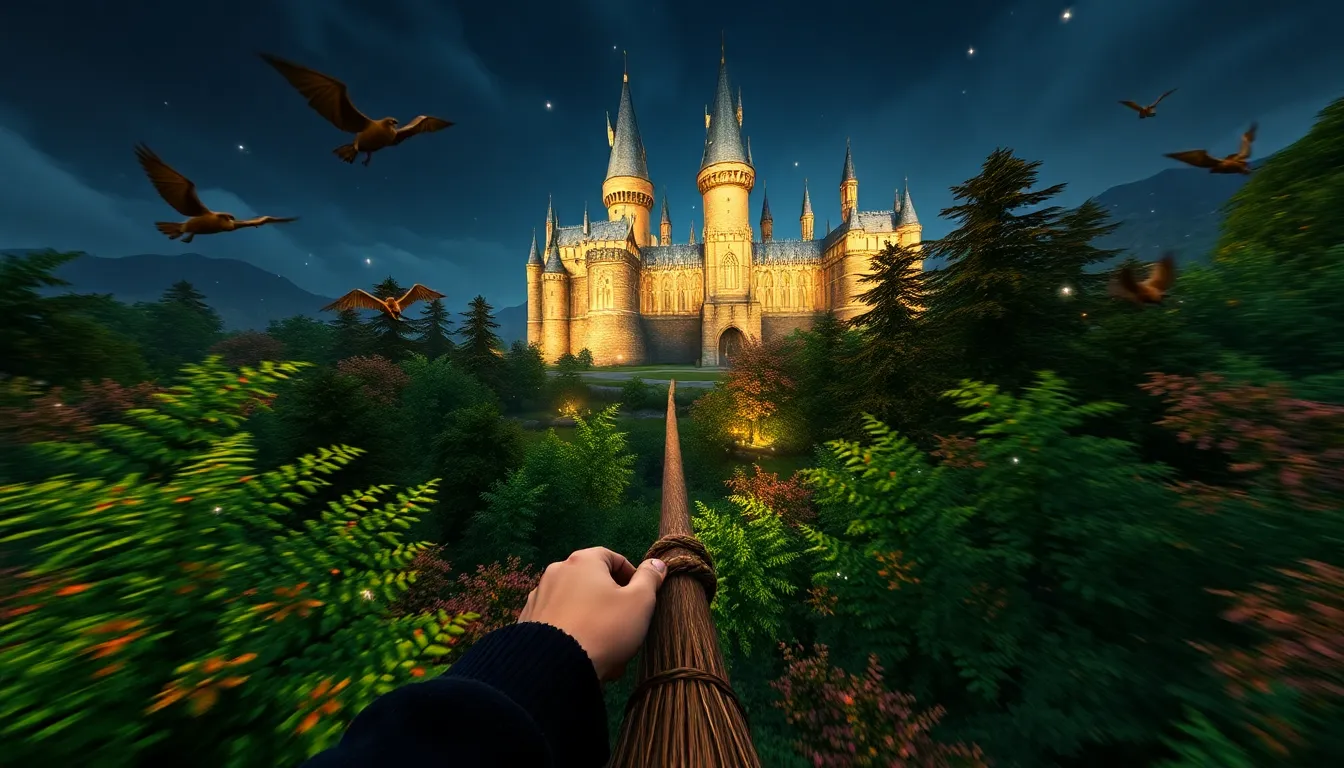 player flying on a broomstick in Hogwarts first-person view.