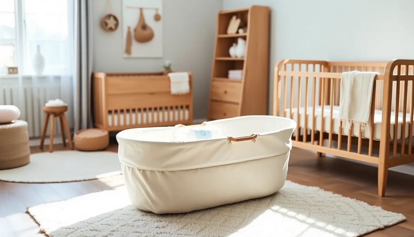A Moba Moses Basket in a cozy, modern nursery setting.