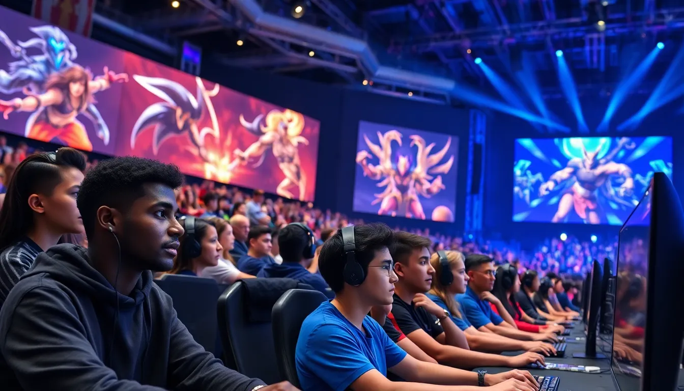 gaming arena showcasing a live MOBA match with diverse players.