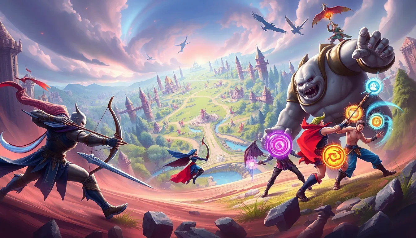 two teams battling in a fantasy multiplayer online game scene.